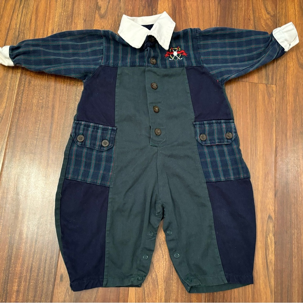 McKids McDonalds vintage golf emblem green/navy plaid patchwork jumpsuit